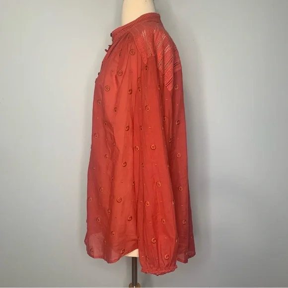 Maeve by Anthropology Coral Embroidered Voile Augusta Peasant Blouse Top Large - Picture 7 of 14